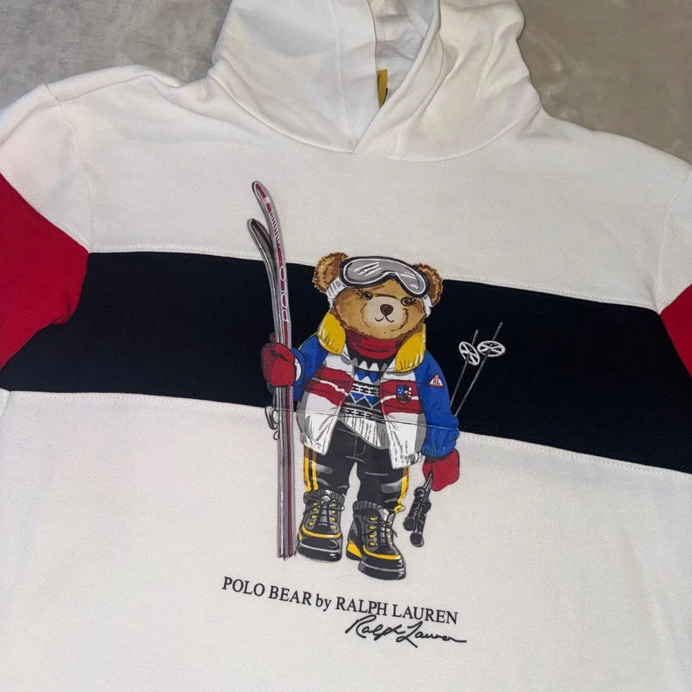 Polo Ralph Lauren Girls White Ski Polo Bear Fleece Hoodie Dress Size M 8-10